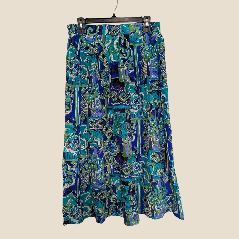 Options Melrose Vintage 100% Silk Abstract Floral Midi Skirt Blue Green Medium